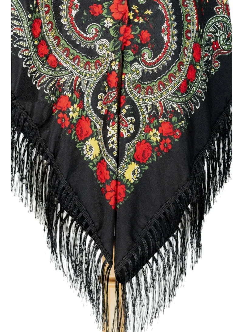 Bidani Classic Russian Black Shawl – Red & Yellow Rose Motif